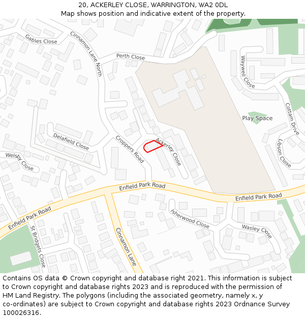 20, ACKERLEY CLOSE, WARRINGTON, WA2 0DL: Location map and indicative extent of plot