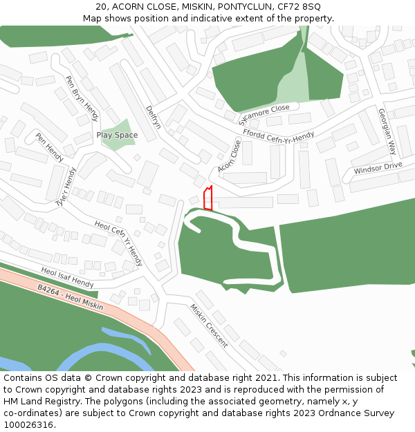 20, ACORN CLOSE, MISKIN, PONTYCLUN, CF72 8SQ: Location map and indicative extent of plot