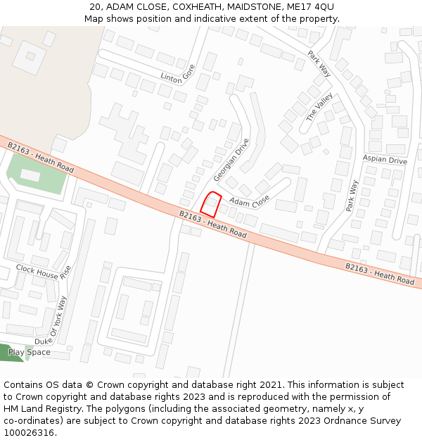 20, ADAM CLOSE, COXHEATH, MAIDSTONE, ME17 4QU: Location map and indicative extent of plot