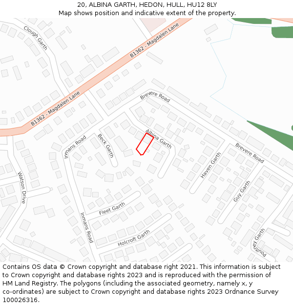 20, ALBINA GARTH, HEDON, HULL, HU12 8LY: Location map and indicative extent of plot