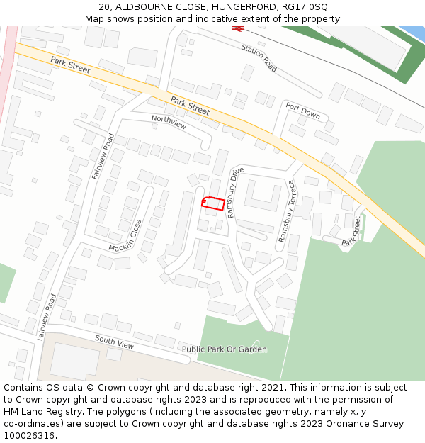 20, ALDBOURNE CLOSE, HUNGERFORD, RG17 0SQ: Location map and indicative extent of plot
