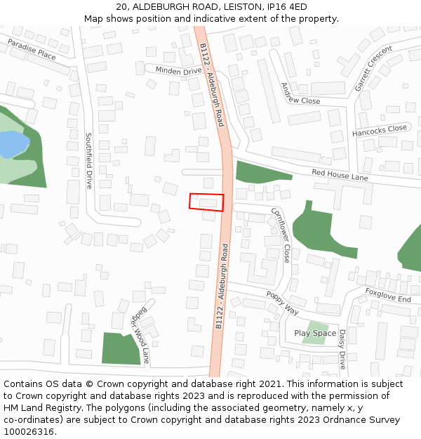 20, ALDEBURGH ROAD, LEISTON, IP16 4ED: Location map and indicative extent of plot