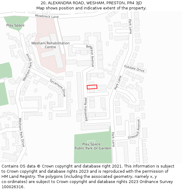 20, ALEXANDRA ROAD, WESHAM, PRESTON, PR4 3JD: Location map and indicative extent of plot