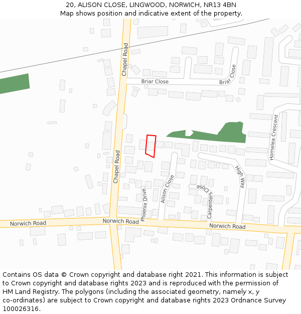 20, ALISON CLOSE, LINGWOOD, NORWICH, NR13 4BN: Location map and indicative extent of plot