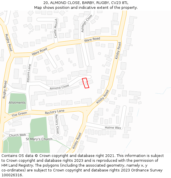 20, ALMOND CLOSE, BARBY, RUGBY, CV23 8TL: Location map and indicative extent of plot