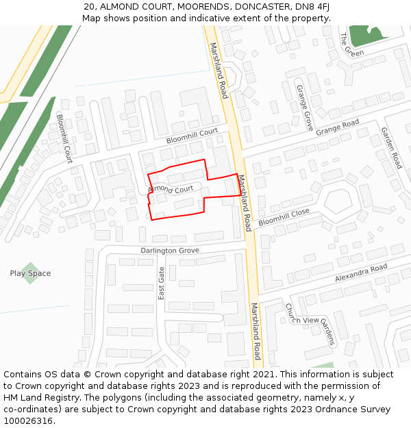 20, ALMOND COURT, MOORENDS, DONCASTER, DN8 4FJ: Location map and indicative extent of plot