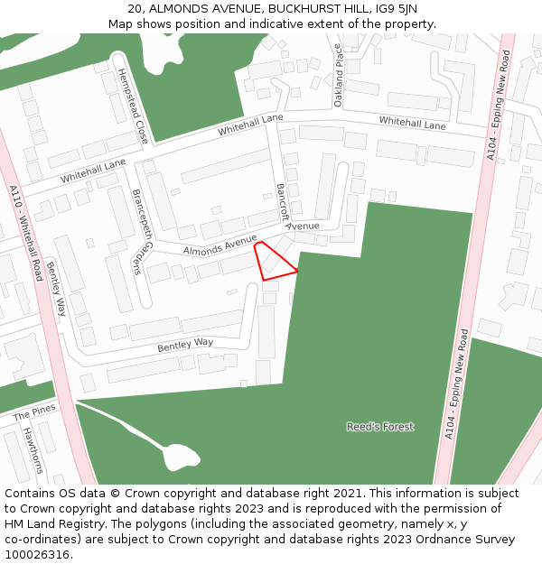 20, ALMONDS AVENUE, BUCKHURST HILL, IG9 5JN: Location map and indicative extent of plot