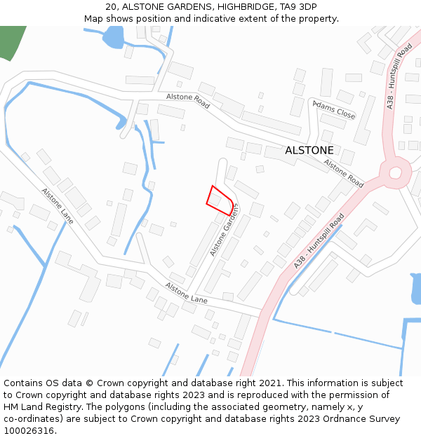 20, ALSTONE GARDENS, HIGHBRIDGE, TA9 3DP: Location map and indicative extent of plot