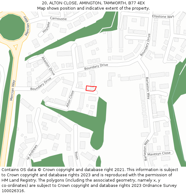 20, ALTON CLOSE, AMINGTON, TAMWORTH, B77 4EX: Location map and indicative extent of plot