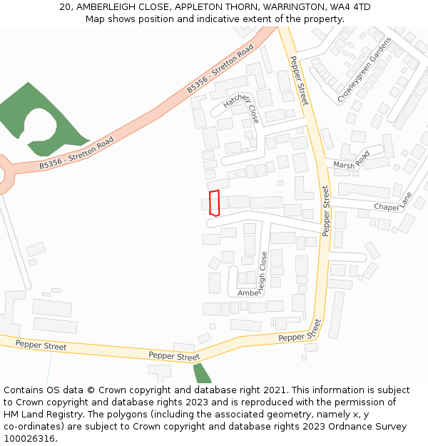 20, AMBERLEIGH CLOSE, APPLETON THORN, WARRINGTON, WA4 4TD: Location map and indicative extent of plot