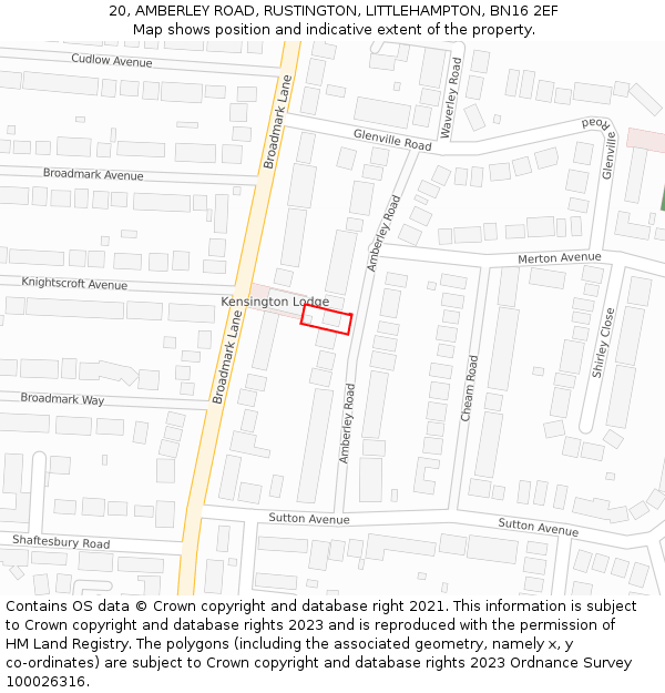 20, AMBERLEY ROAD, RUSTINGTON, LITTLEHAMPTON, BN16 2EF: Location map and indicative extent of plot