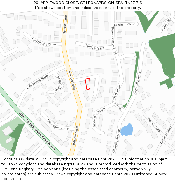 20, APPLEWOOD CLOSE, ST LEONARDS-ON-SEA, TN37 7JS: Location map and indicative extent of plot