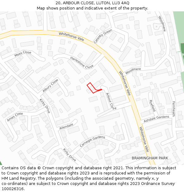 20, ARBOUR CLOSE, LUTON, LU3 4AQ: Location map and indicative extent of plot
