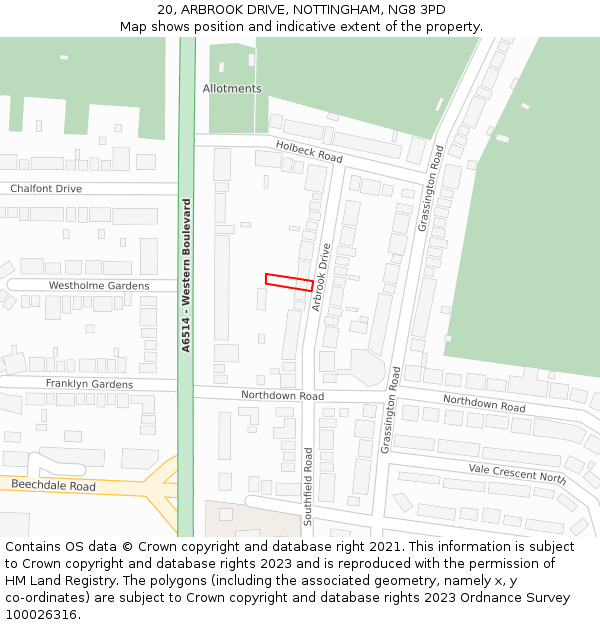 20, ARBROOK DRIVE, NOTTINGHAM, NG8 3PD: Location map and indicative extent of plot