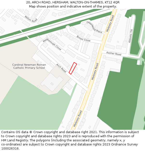 20, ARCH ROAD, HERSHAM, WALTON-ON-THAMES, KT12 4QR: Location map and indicative extent of plot