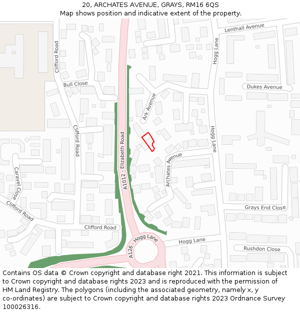 20, ARCHATES AVENUE, GRAYS, RM16 6QS: Location map and indicative extent of plot