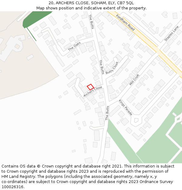 20, ARCHERS CLOSE, SOHAM, ELY, CB7 5QL: Location map and indicative extent of plot