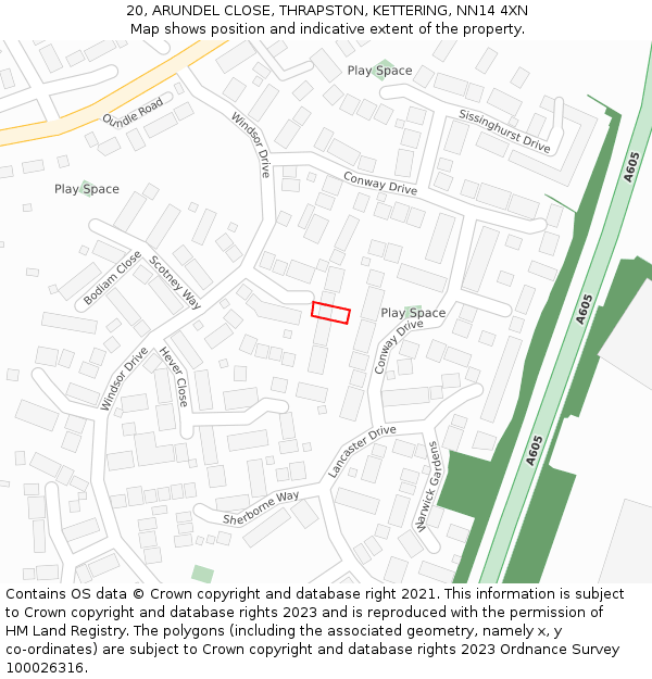 20, ARUNDEL CLOSE, THRAPSTON, KETTERING, NN14 4XN: Location map and indicative extent of plot