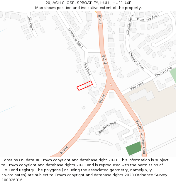 20, ASH CLOSE, SPROATLEY, HULL, HU11 4XE: Location map and indicative extent of plot