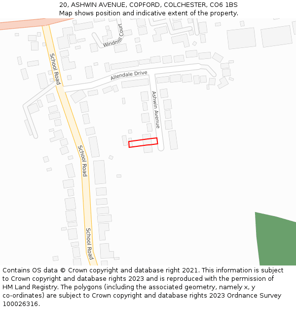 20, ASHWIN AVENUE, COPFORD, COLCHESTER, CO6 1BS: Location map and indicative extent of plot