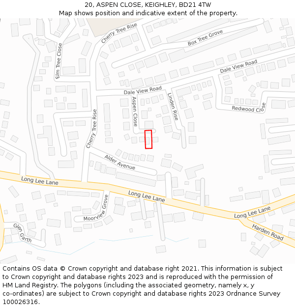 20, ASPEN CLOSE, KEIGHLEY, BD21 4TW: Location map and indicative extent of plot