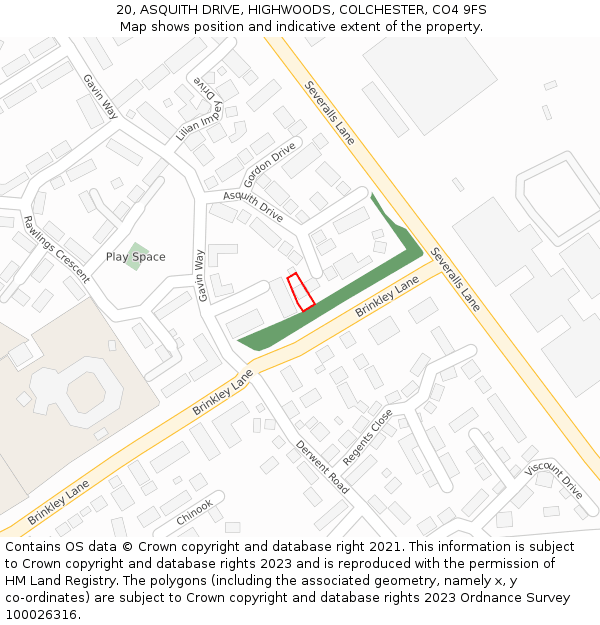 20, ASQUITH DRIVE, HIGHWOODS, COLCHESTER, CO4 9FS: Location map and indicative extent of plot