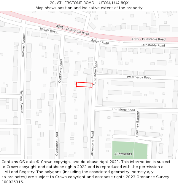 20, ATHERSTONE ROAD, LUTON, LU4 8QX: Location map and indicative extent of plot