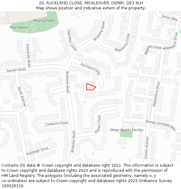 20, AUCKLAND CLOSE, MICKLEOVER, DERBY, DE3 9LH: Location map and indicative extent of plot