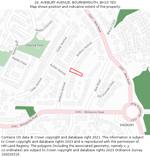 20, AVEBURY AVENUE, BOURNEMOUTH, BH10 7ED: Location map and indicative extent of plot