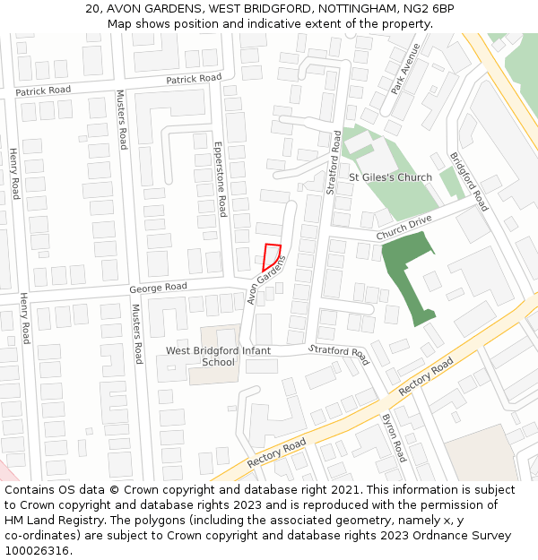 20, AVON GARDENS, WEST BRIDGFORD, NOTTINGHAM, NG2 6BP: Location map and indicative extent of plot