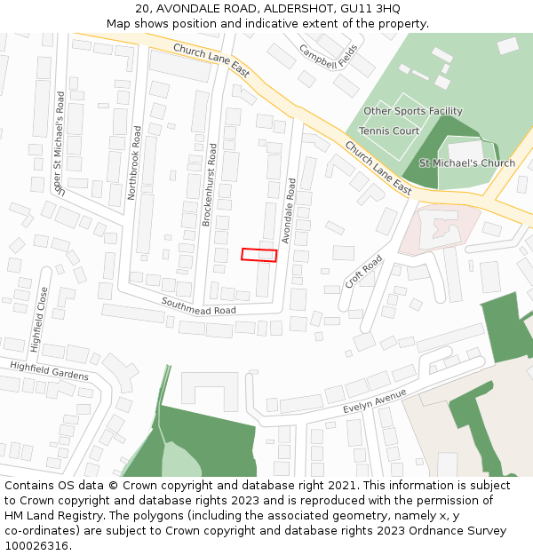 20, AVONDALE ROAD, ALDERSHOT, GU11 3HQ: Location map and indicative extent of plot