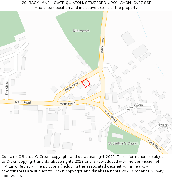 20, BACK LANE, LOWER QUINTON, STRATFORD-UPON-AVON, CV37 8SF: Location map and indicative extent of plot