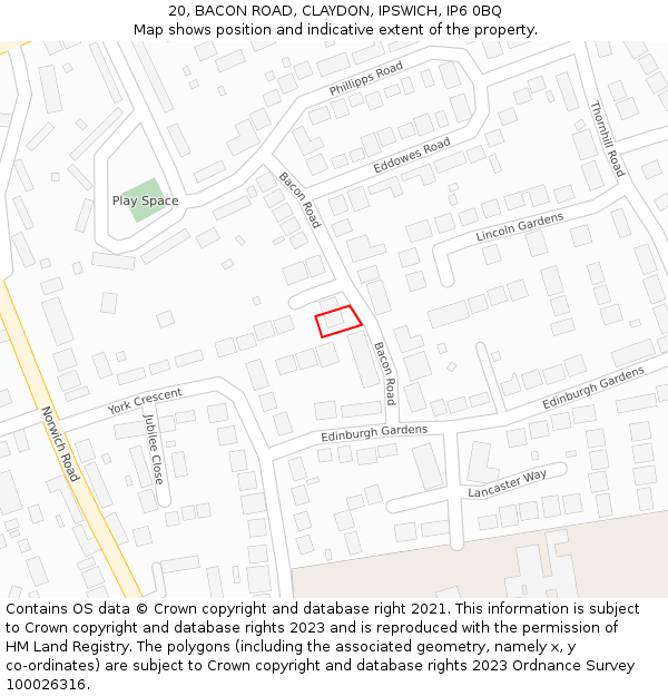 20, BACON ROAD, CLAYDON, IPSWICH, IP6 0BQ: Location map and indicative extent of plot