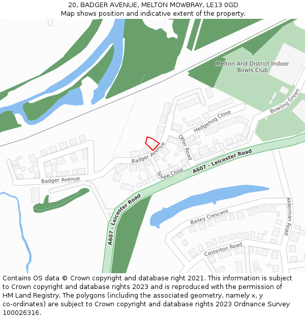 20, BADGER AVENUE, MELTON MOWBRAY, LE13 0GD: Location map and indicative extent of plot