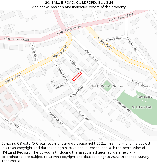 20, BAILLIE ROAD, GUILDFORD, GU1 3LN: Location map and indicative extent of plot