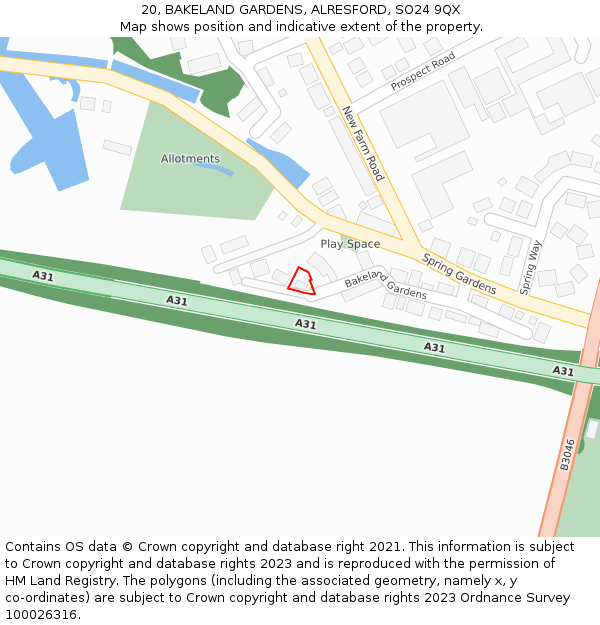 20, BAKELAND GARDENS, ALRESFORD, SO24 9QX: Location map and indicative extent of plot