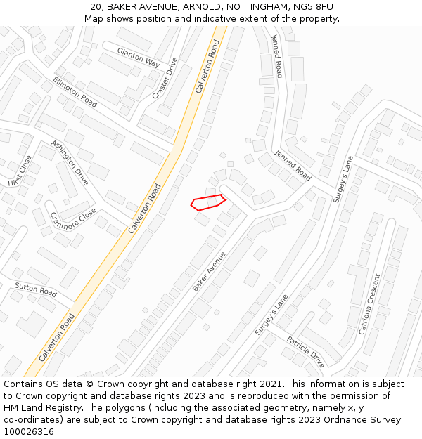 20, BAKER AVENUE, ARNOLD, NOTTINGHAM, NG5 8FU: Location map and indicative extent of plot