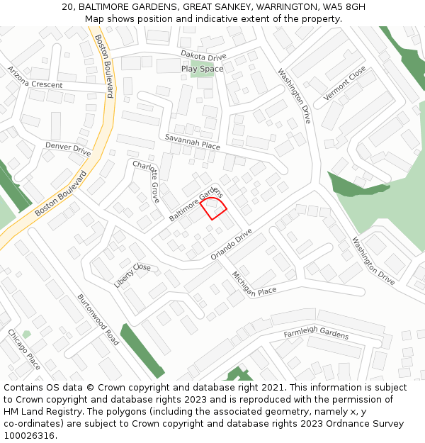 20, BALTIMORE GARDENS, GREAT SANKEY, WARRINGTON, WA5 8GH: Location map and indicative extent of plot