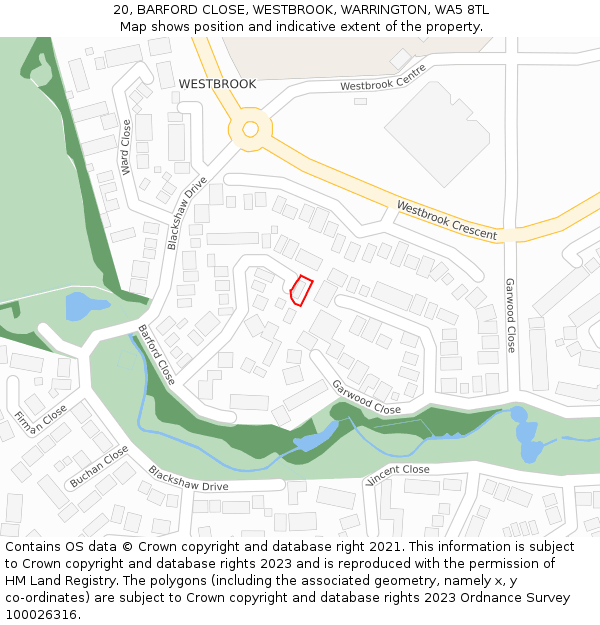 20, BARFORD CLOSE, WESTBROOK, WARRINGTON, WA5 8TL: Location map and indicative extent of plot