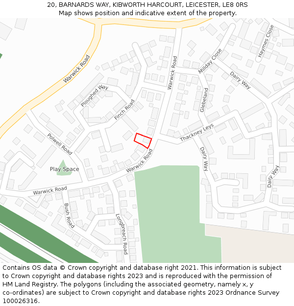 20, BARNARDS WAY, KIBWORTH HARCOURT, LEICESTER, LE8 0RS: Location map and indicative extent of plot