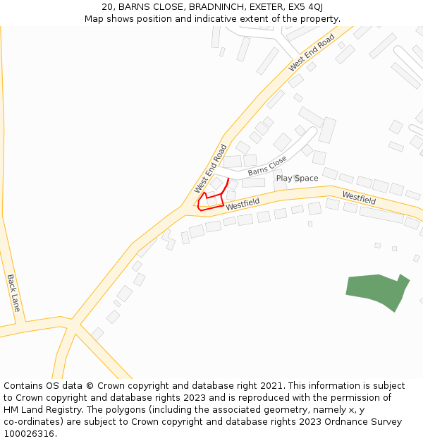 20, BARNS CLOSE, BRADNINCH, EXETER, EX5 4QJ: Location map and indicative extent of plot