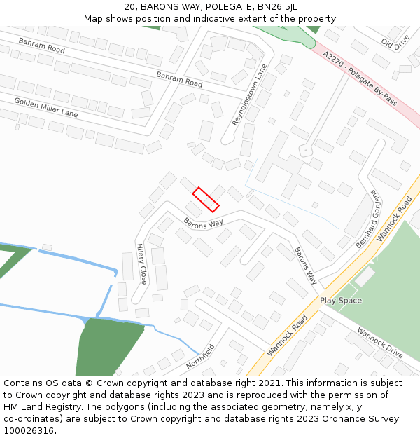 20, BARONS WAY, POLEGATE, BN26 5JL: Location map and indicative extent of plot