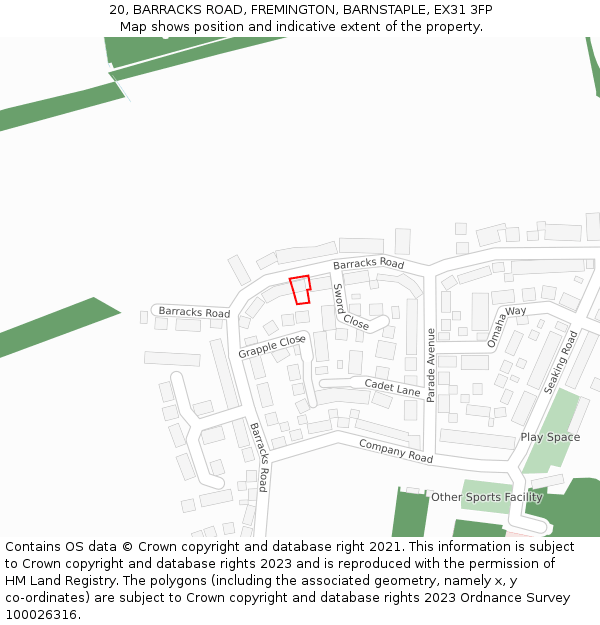 20, BARRACKS ROAD, FREMINGTON, BARNSTAPLE, EX31 3FP: Location map and indicative extent of plot