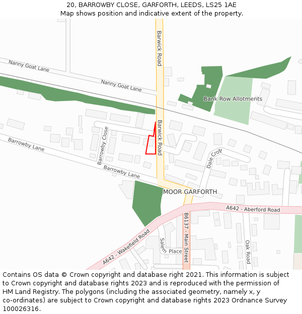 20, BARROWBY CLOSE, GARFORTH, LEEDS, LS25 1AE: Location map and indicative extent of plot