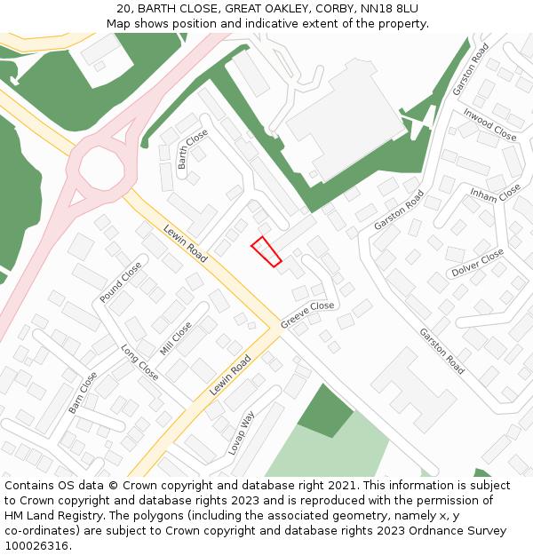 20, BARTH CLOSE, GREAT OAKLEY, CORBY, NN18 8LU: Location map and indicative extent of plot