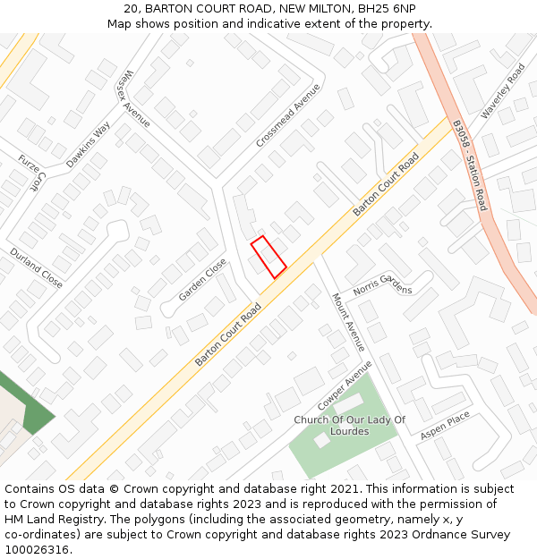 20, BARTON COURT ROAD, NEW MILTON, BH25 6NP: Location map and indicative extent of plot