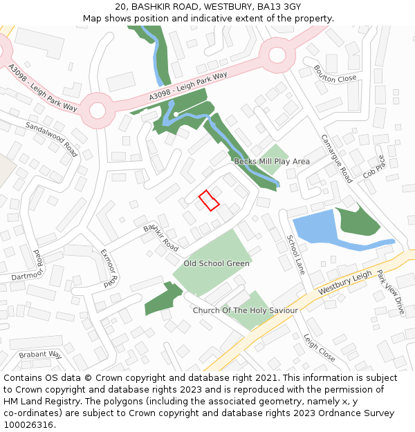 20, BASHKIR ROAD, WESTBURY, BA13 3GY: Location map and indicative extent of plot