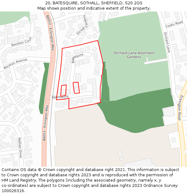 20, BATESQUIRE, SOTHALL, SHEFFIELD, S20 2GS: Location map and indicative extent of plot