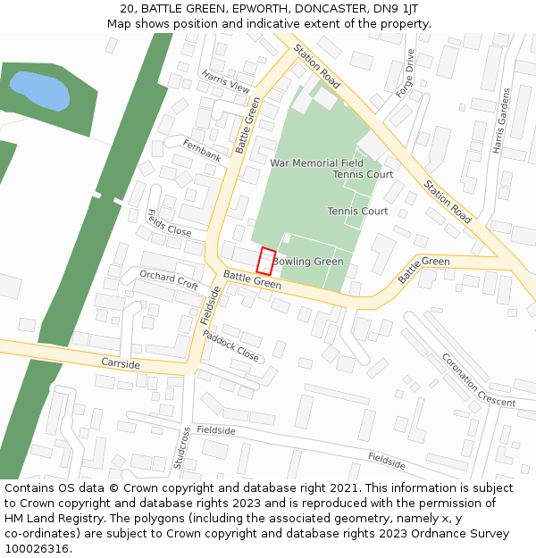 20, BATTLE GREEN, EPWORTH, DONCASTER, DN9 1JT: Location map and indicative extent of plot