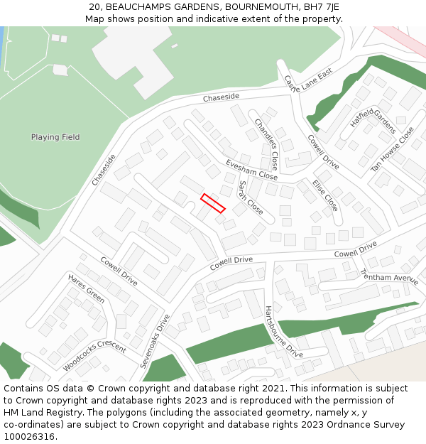 20, BEAUCHAMPS GARDENS, BOURNEMOUTH, BH7 7JE: Location map and indicative extent of plot